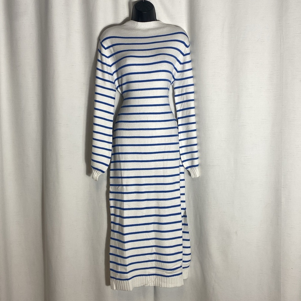MIROL Mujer Mock Neck Striped Dress Long Puff Sleeve Side Slit Knit Sweater Sz L - Picture 7 of 14